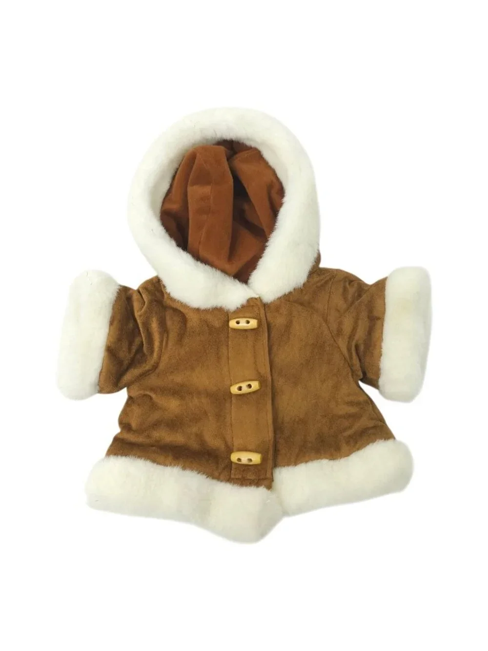 Build A Bear Brown Faux Suede Hooded Parka Coat White Fur Trim Toggle Buttons